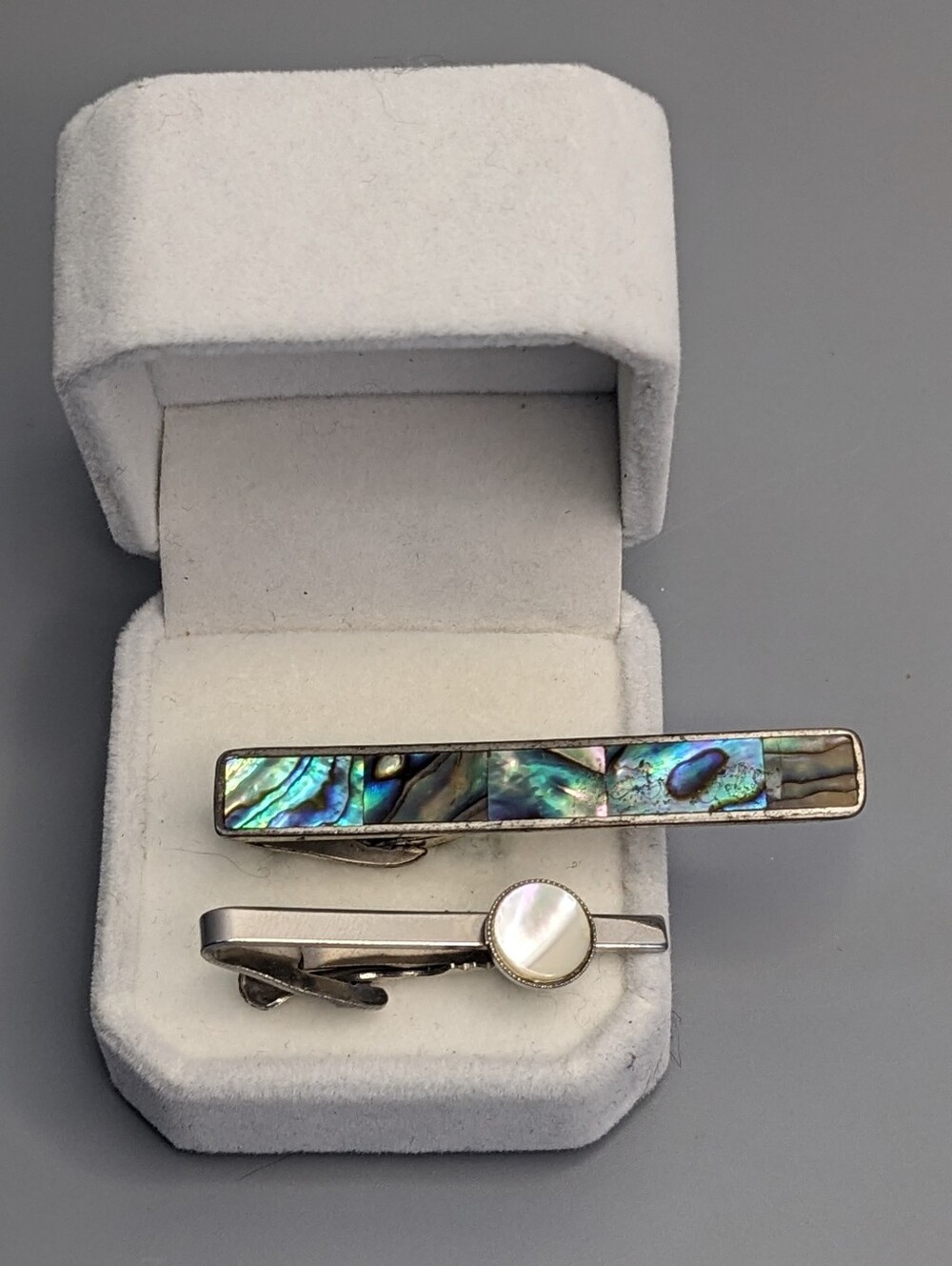 Abalone Inlay Tie Clip And Mother Of Pearl Silver Tone Tie Clip Set Mens